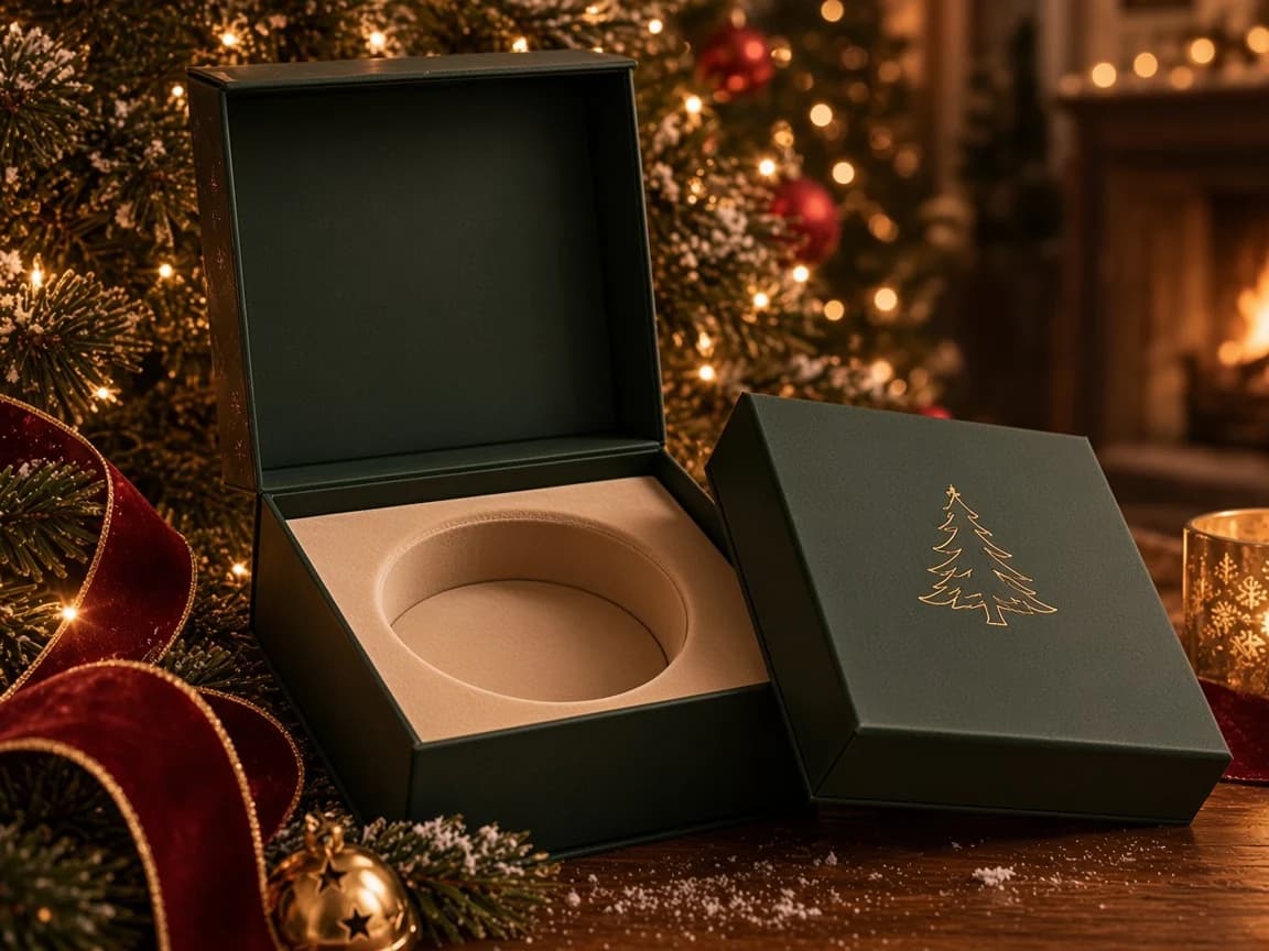 Dunkelgrüne MerryMory-Geschenkbox mit cremefarbenem Einsatz