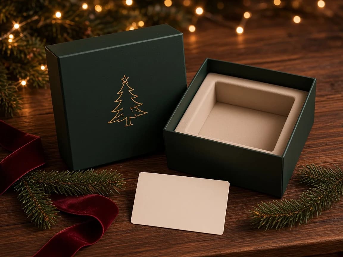 Geschenkbox, Samtband und leere Grußkarte auf einem Holztisch